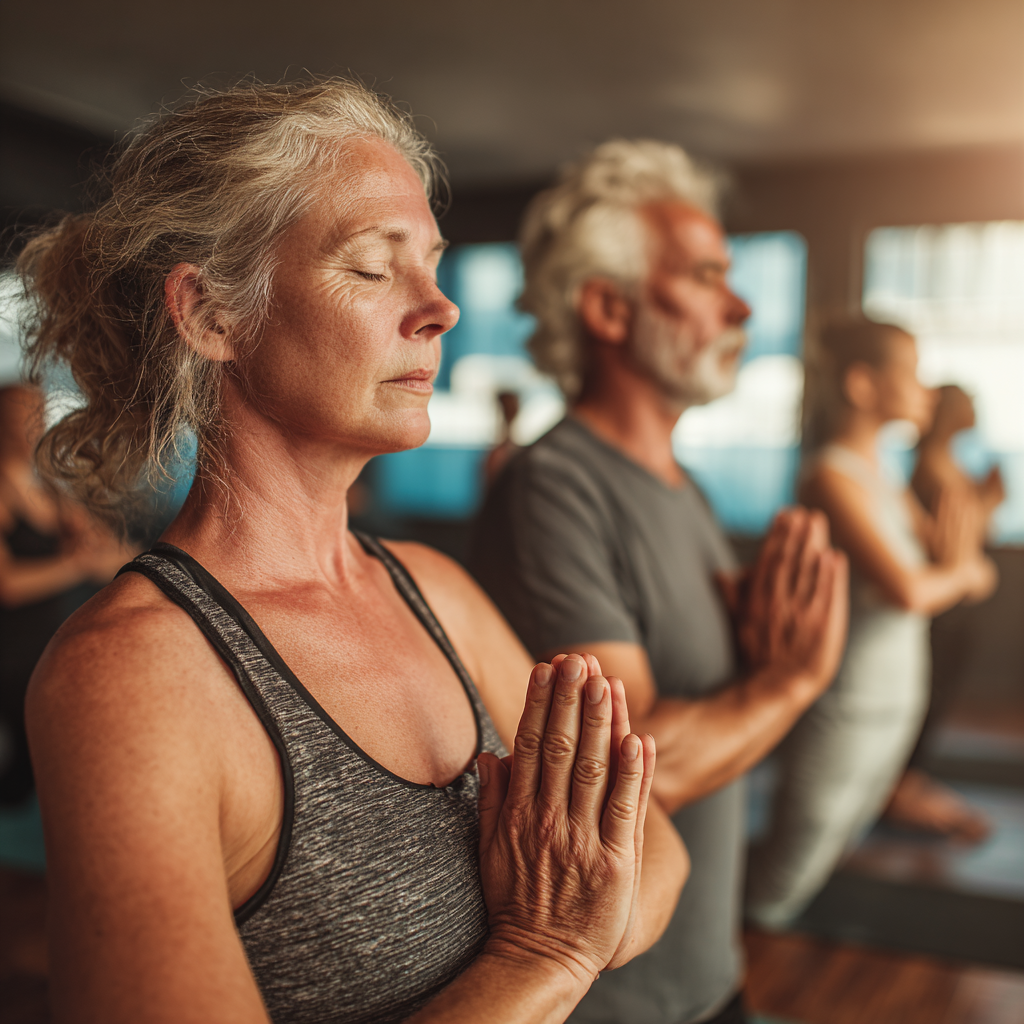 Middle-aged adults practicing gentle yoga poses in natural light