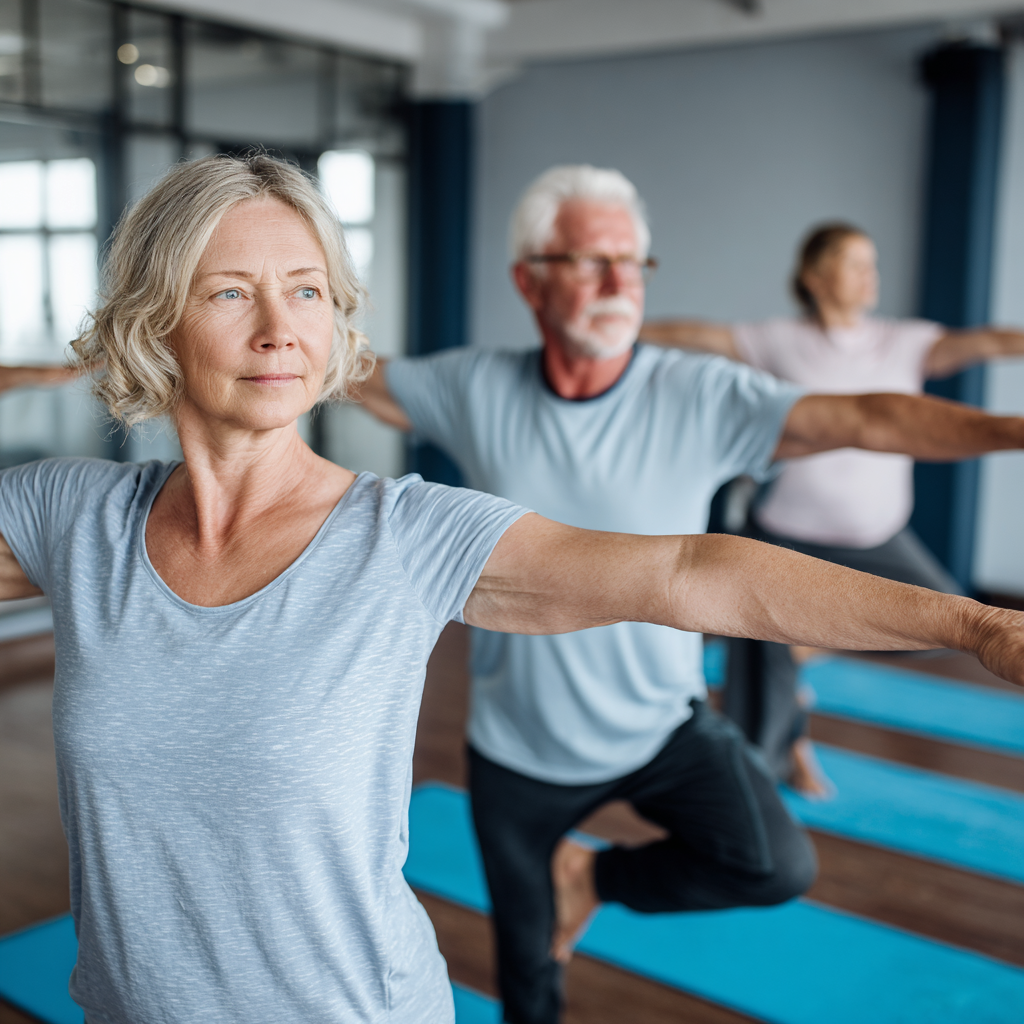 Older adults demonstrating mindful yoga practice with focus on balance and stability